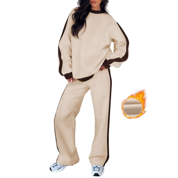 SHEWIN Womens Sweatsuits 2 Piece Set Fleece Lined Outfits Crew Neck Colorblock Long Sleeve Sweatshirt Jogger Pants Tracksuit Set with Pockets