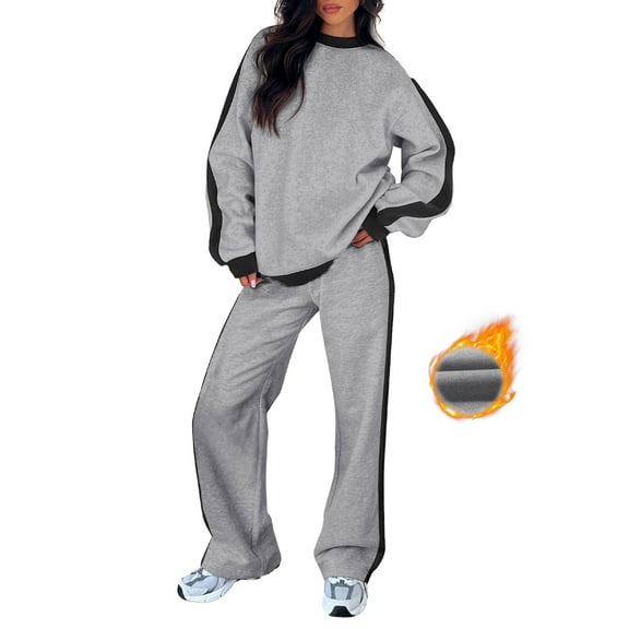 SHEWIN Womens Sweatsuits 2 Piece Set Fleece Lined Outfits Crew Neck Colorblock Long Sleeve Sweatshirt Jogger Pants Tracksuit Set with Pockets