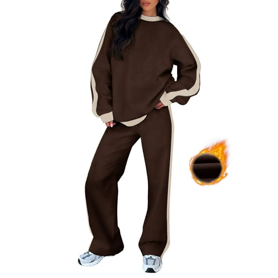SHEWIN Womens Sweatsuits 2 Piece Set Fleece Lined Outfits Crew Neck Colorblock Long Sleeve Sweatshirt Jogger Pants Tracksuit Set with Pockets
