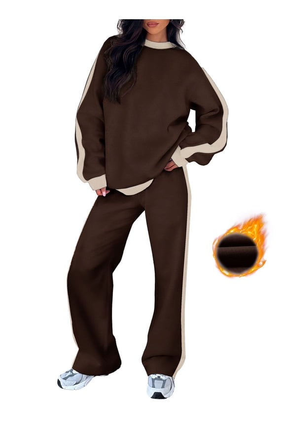 Womens Sweatsuits 2 Piece Set Fleece Lined Outfits Crew Neck Colorblock Long Sleeve Sweatshirt Jogger Pants Tracksuit Set with Pockets