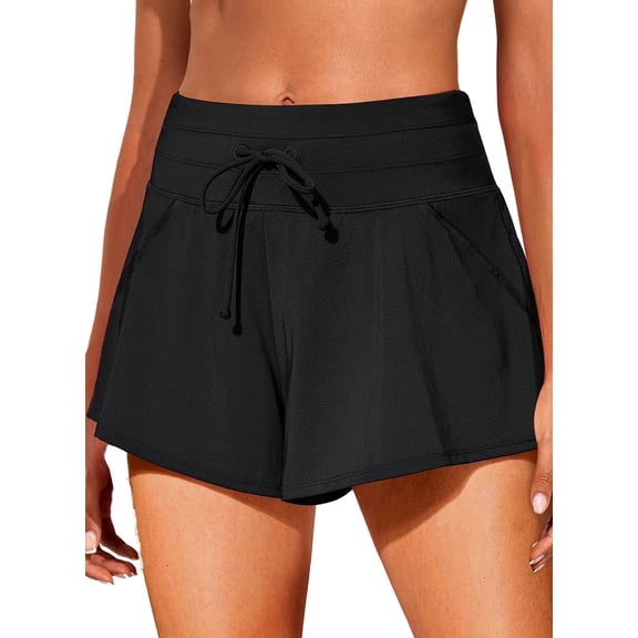 SHEWIN Womens Swim Board Shorts High Rise Drawstring Swimsuit Bottoms Bathing Suits Swim Trunks Swimwear with Pockets Black