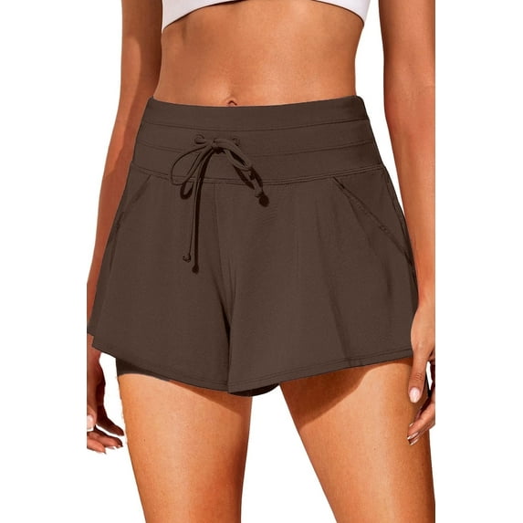 SHEWIN Womens Swim Board Shorts High Rise Drawstring Swimsuit Bottoms Bathing Suits Swim Trunks Swimwear with Pockets Brown