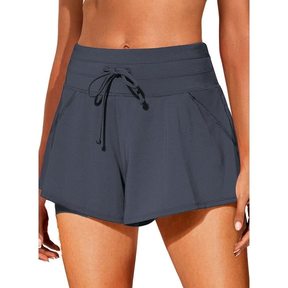 SHEWIN Womens Swim Board Shorts High Rise Drawstring Swimsuit Bottoms Bathing Suits Swim Trunks Swimwear with Pockets Gray