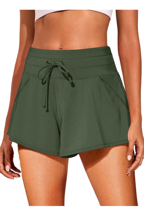 Women's Swim Shorts Quick Dry Swimsuit Bottom High Waisted Running Shorts Sporty Gym Elastic Workout Shorts with Pockets Green