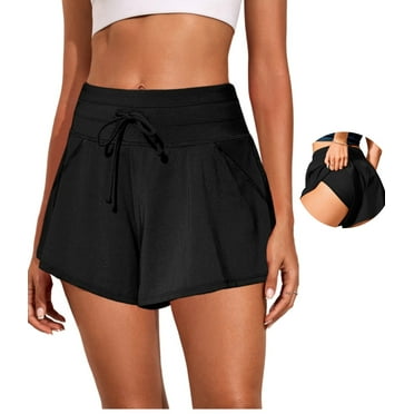 SHEWIN Women's Athletic Shorts Quick Dry Swim Shorts High Waisted Running Shorts Sporty Gym Elastic Workout Shorts with Pockets Black
