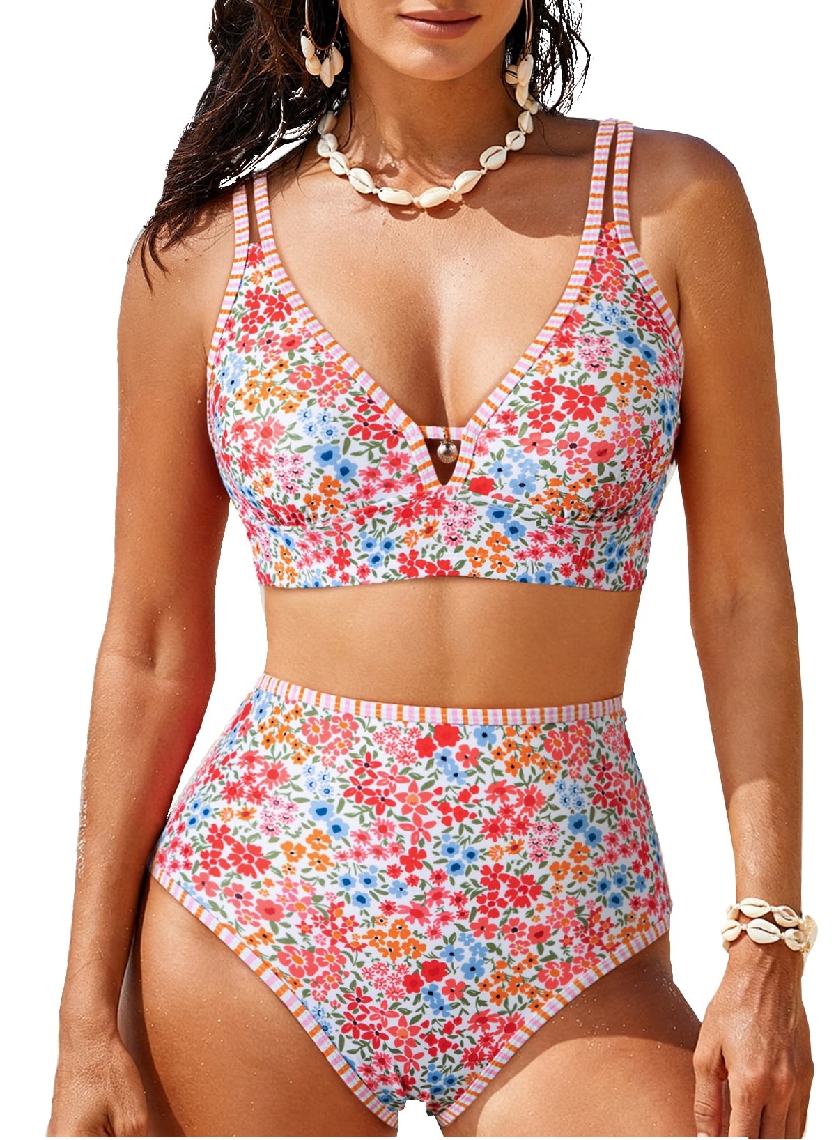 SHEWIN Womens Swimsuits Sets Bikinis Sets 2 Piece Tummy Control Bathing Suits High Waisted Swimwear Floral Swimming Suits Push Up Beach Vacation Outfits Mixed Floral L