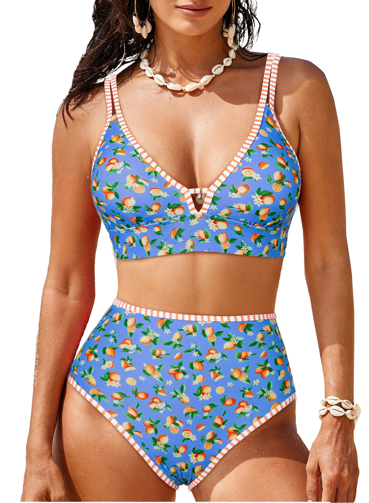 SHEWIN Womens Swimsuits Sets Bikinis Sets 2 Piece Tummy Control Bathing Suits High Waisted Swimwear Floral Swimming Suits Push Up Beach Vacation Outfits Blue Lemon Blossom XL