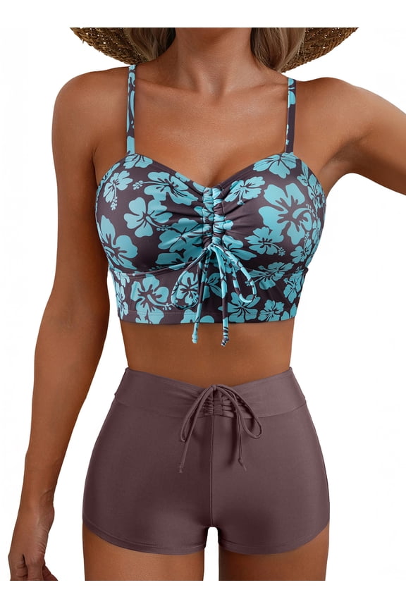 Womens Swimsuits Two Piece Bikini Sets Floral Print Swim Tops Drawstring Tummy Control High Waisted Swim Shorts Bathing Suit