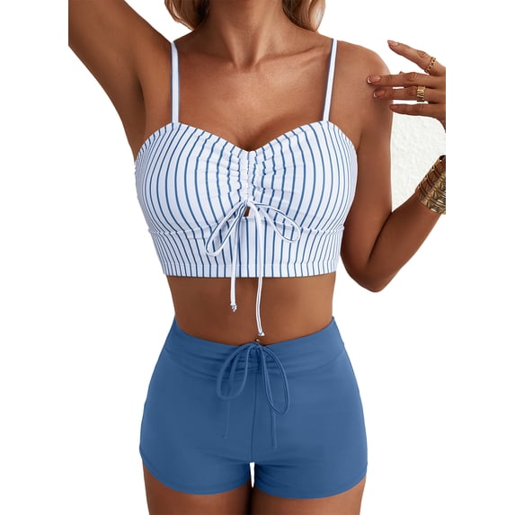 SHEWIN Swimsuit Womens High Waisted Bikini Sets for Women Floral Print Two Piece Tummy Control Swimwear Drawstring Shorts Bathing Suit