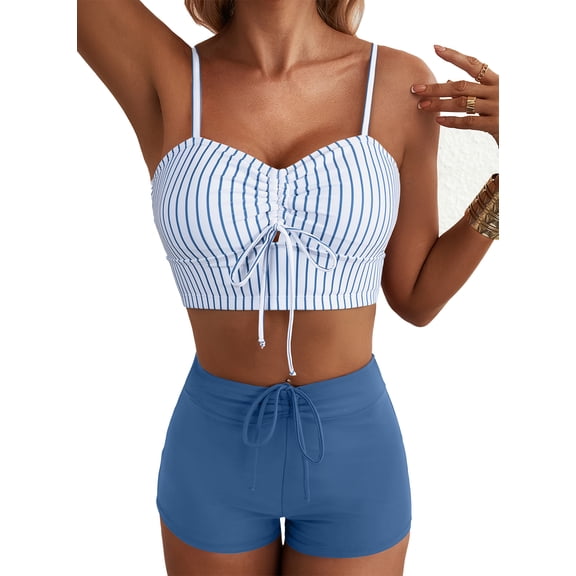 SHEWIN Swimsuit Womens High Waisted Bikini Sets for Women Floral Print Two Piece Tummy Control Swimwear Drawstring Shorts Bathing Suit