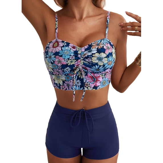SHEWIN Bathing Suits for Women 2 Piece Bikinis Set Floral Print Drawstring Swim Tops with Swimsuit Bottom Sporty Adjustable Straps Bathing Suits