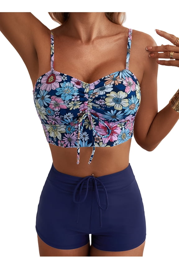 Bikinis for Women 2 Piece Adjustable Spaghetti Straps Floral Print Swimsuit Tops High Waisted Bikini Bottoms Summer Drawstring Bathing Suits