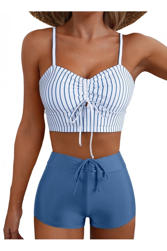 Womens Swimsuits Two Piece Bikini Sets Floral Print Swim Tops Drawstring Tummy Control High Waisted Swim Shorts Bathing Suit
