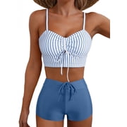 SHEWIN Womens Swimsuits Two Piece Bikini Sets Floral Print Swim Tops Drawstring Tummy Control High Waisted Swim Shorts Bathing Suit