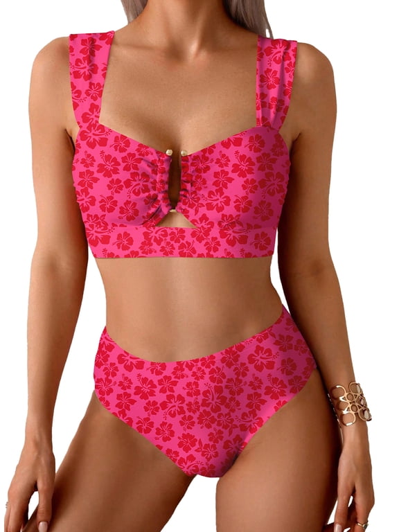 Bikini Set 2 Piece Swimsuits Womens U-Wire Cutout High Waisted Floral Print Summer Beach Swim Bathing Suits