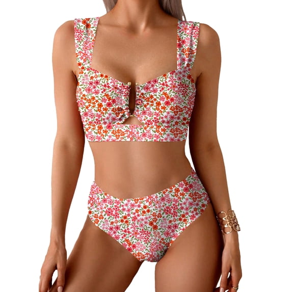 SHEWIN Womens Swimsuits U-Wire Cutout 2 Piece Bikini Set High Waisted Floral Print Summer Beach Swim Bathing Suits