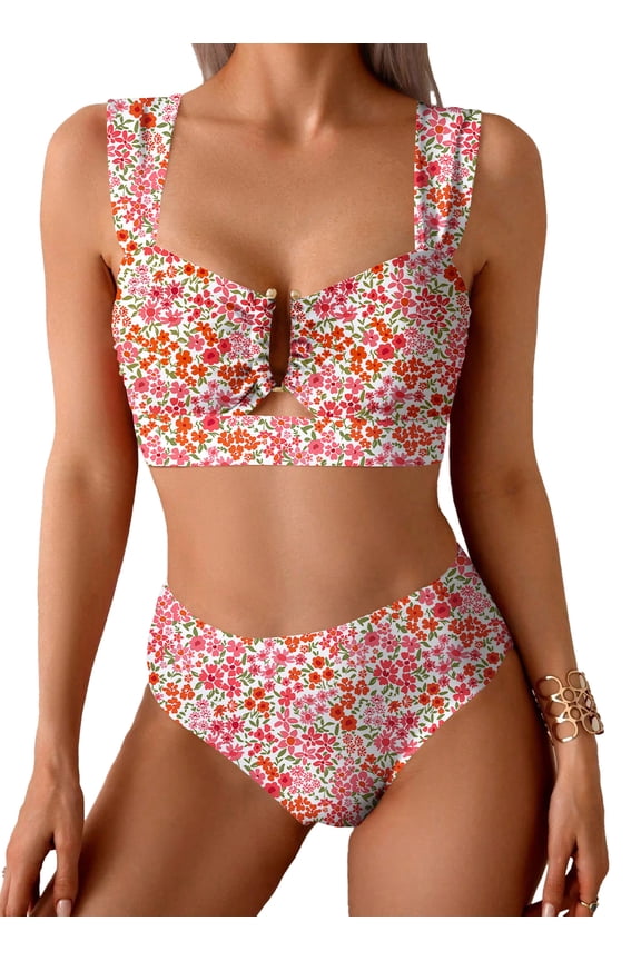 Bikini Set 2 Piece Swimsuits Womens U-Wire Cutout High Waisted Floral Print Summer Beach Swim Bathing Suits