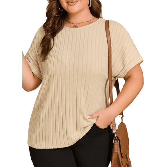 SHEWIN Womens T Shirts Plus Size Tops Short Sleeve Ribbed Stretchy Cozy Blouse Summer Crew Neck Tee Shirts Apricot 3X