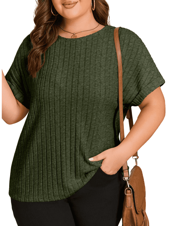 Womens T Shirts Plus Size Tops Short Sleeve Ribbed Stretchy Cozy Blouse Summer Crew Neck Tee Shirts Military Green 3X