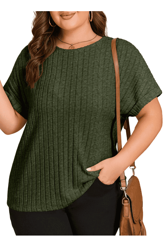 Womens T Shirts Plus Size Tops Short Sleeve Ribbed Stretchy Cozy Blouse Summer Crew Neck Tee Shirts Military Green 3X