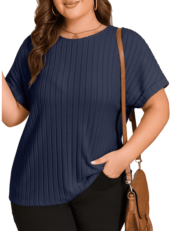 Womens T Shirts Plus Size Tops Short Sleeve Ribbed Stretchy Cozy Blouse Summer Crew Neck Tee Shirts Navy 3X