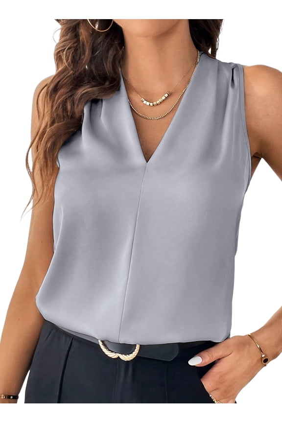 Womens Tank Tops Pleated V Neck Sleeveless Blouses Casual Flowy Dressy Summer Basic Vest Business Work Shirt