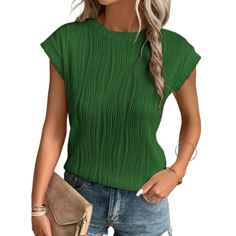 Womens Tops Crewneck Textured Knit T Shirts Casual Loose Solid Short Sleeve Basic T-Shirts Tee Blouses Green
