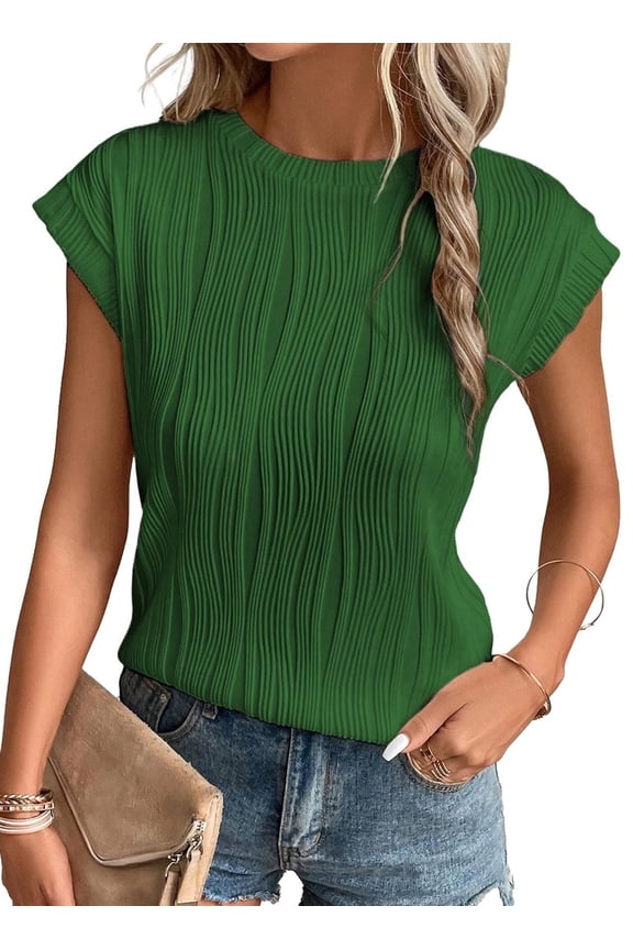 Womens Tops Crewneck Textured Knit T Shirts Casual Loose Solid Short Sleeve Basic T-Shirts Tee Blouses Green