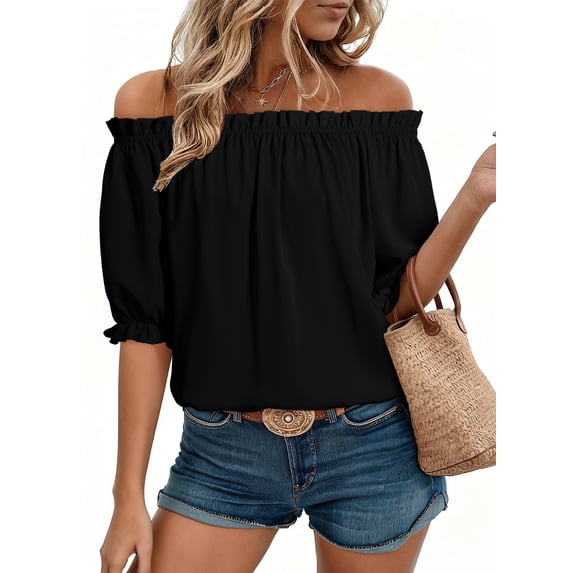 SHEWIN Womens Tops Summer Short Sleeve Off the Shoulder Shirts Casual Spring Cute Dressy Pleated Puff Sleeve Blouses