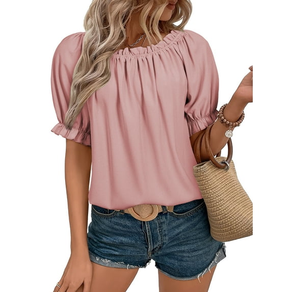 SHEWIN Womens Tops Off The Shoulder Blouses for Women Casual Spring Summer Cute Pleated Short Puff Sleeve T Shirts