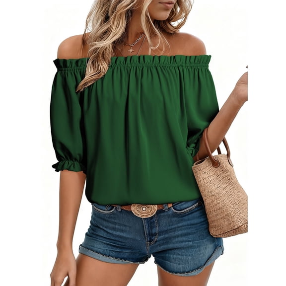 SHEWIN Womens Tops Off the Shoulder Blouses Ruffle Boat Neck Casual Spring Summer Cute Dressy Pleated Short Puff Sleeve T Shirts