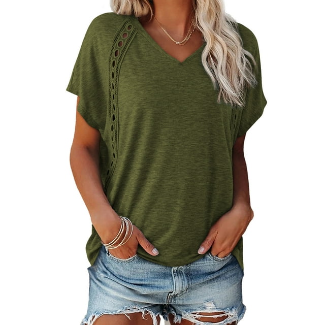 SHEWIN Womens Tops Plus Size T-Shirts Short Sleeve V Neck Lace Loose Fit Oversized Spring Summer Blouse Green
