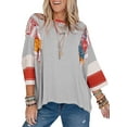 thumbnail image 1 of SHEWIN Womens Tops Spring Summer Boho Shirts Crew Neck Oversized Striped 3/4 Length Sleeve Patchwork Blouse Gray Stripe, 1 of 7