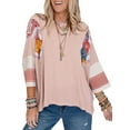 thumbnail image 1 of SHEWIN Womens Tops Spring Summer Boho Shirts Crew Neck Oversized Striped 3/4 Length Sleeve Patchwork Blouse Pink, 1 of 7