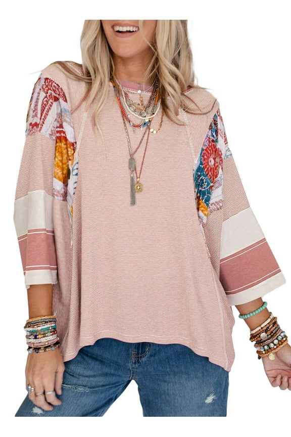 Womens Tops Spring Summer Boho Shirts Crew Neck Oversized Striped 3/4 Length Sleeve Patchwork Blouse Pink