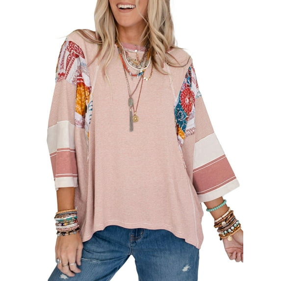 SHEWIN Womens Tops Spring Summer Boho Shirts Crew Neck Oversized Striped 3/4 Length Sleeve Patchwork Blouse Pink