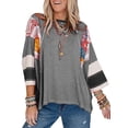 thumbnail image 1 of SHEWIN Womens Tops Spring Summer Boho Shirts Crew Neck Oversized Striped Shirt 3/4 Length Sleeve Patchwork Blouse Black, 1 of 8