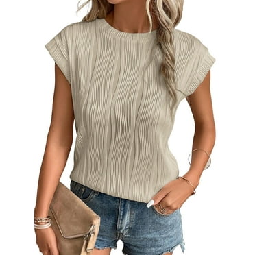 SHEWIN Womens Tops Summer Shirts Short Sleeve Textured Knit T Shirts Casual Crewneck Basic Tee Blouses Apricot