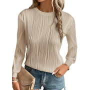 SHEWIN Womens Tops Trendy Dressy Casual Long Sleeve Crewneck Basic T Shirts Solid Loose Textured Fall Blouses Outfits