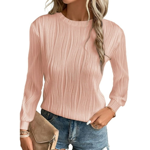 SHEWIN Womens Tops Trendy Dressy Casual Long Sleeve Crewneck Basic T Shirts Solid Loose Textured Fall Blouses Outfits