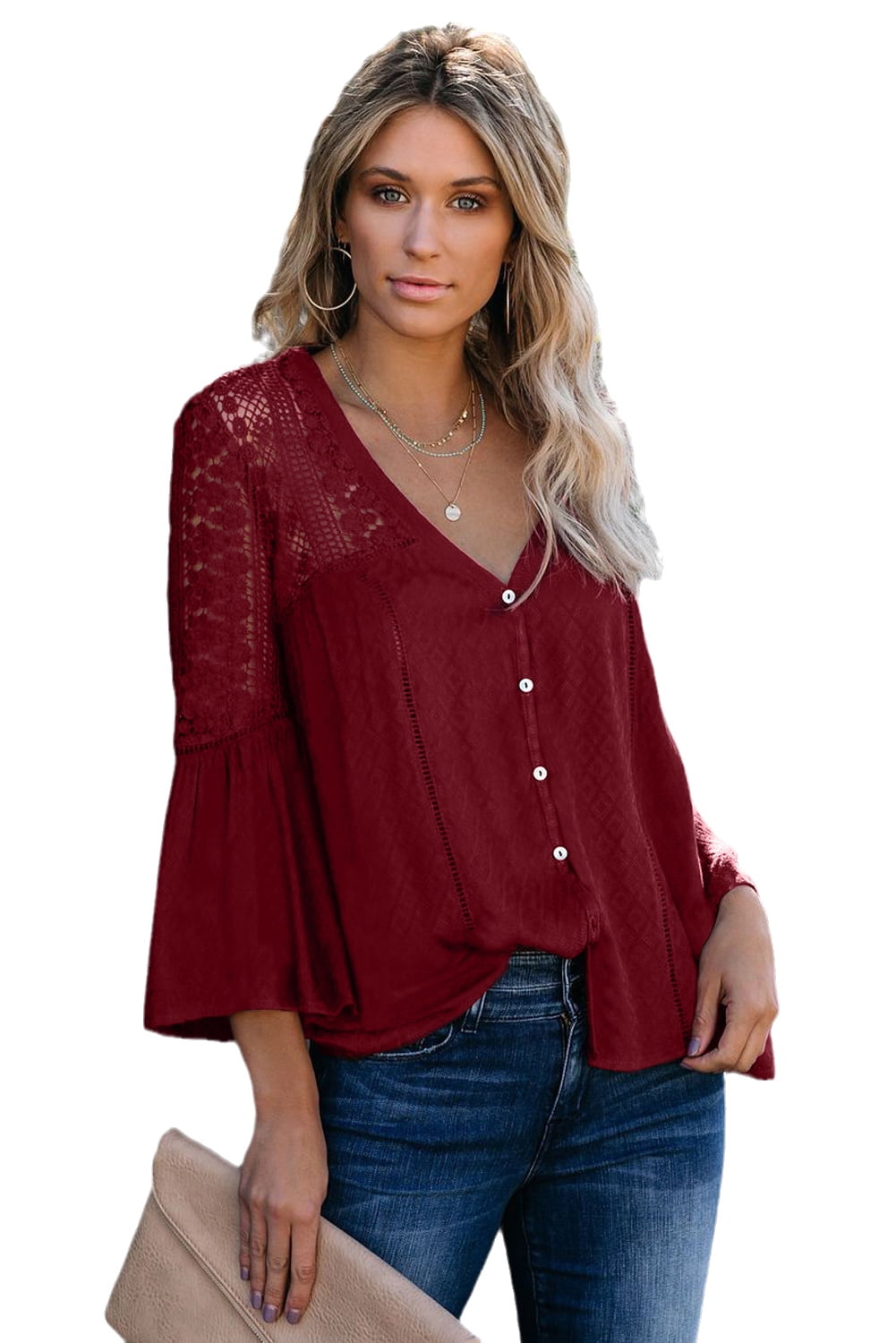 Womens Lace Crochet Eyelet Tops Flowy Short Sleeve Plus Size Casual 3/4  Bell Sleeve T Shirts Blouses