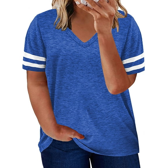 SHEWIN Womens V Neck T-Shirts Casual Stripe Trim Short Sleeve Loose Fit Fashion Blue Oversized Blouse 3XL