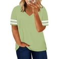 thumbnail image 1 of SHEWIN Womens V Neck T-Shirts Casual Stripe Trim Short Sleeve Loose Fit Fashion Light Green Oversized Blouse 3XL, 1 of 10