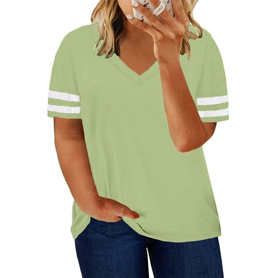 SHEWIN Womens V Neck T-Shirts Casual Stripe Trim Short Sleeve Loose Fit Fashion Light Green Oversized Blouse 3XL