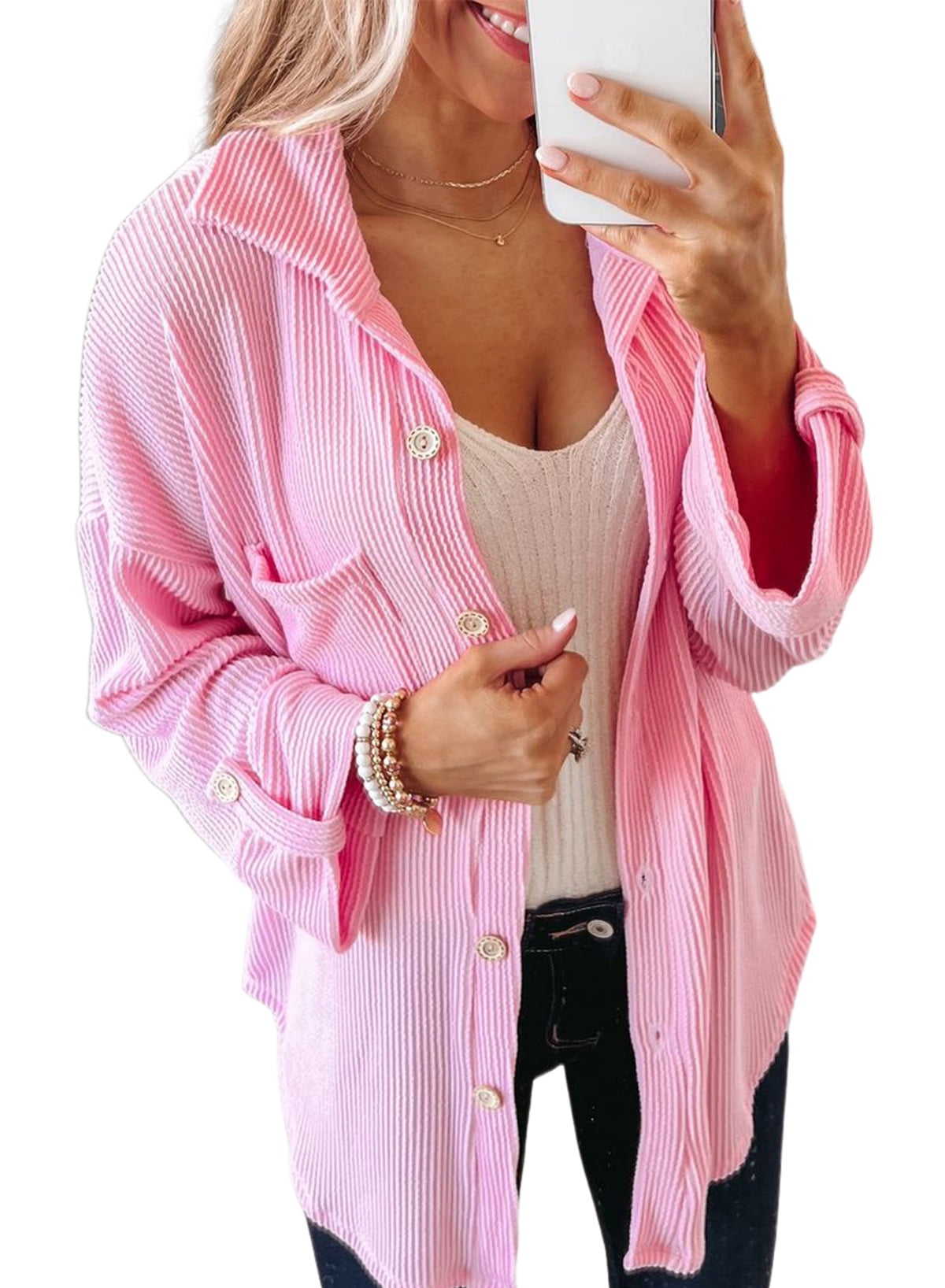 SHEWIN Womens Waffle Knit Shacket Boyfriend Button Down Shirt Jacket