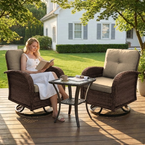SHGJ&SOFT 3 Piece Patio Furniture Set, 2 Outdoor Swivel Rocking Chairs with Side Table, Thick Cushions Wicker Glider Chairs, All-Weather Brown Rattan Bistro Set for Porch, Deck, Pool (Brown)