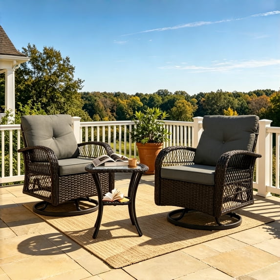 SHGJ&SOFT 3 Piece Patio Furniture Set, 2 Outdoor Swivel Rocking Chairs with Side Table, Thick Cushions Wicker Glider Chairs, All-Weather Brown Rattan Bistro Set for Porch, Deck, Pool