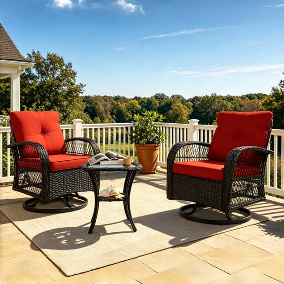 SHGJ&SOFT 3 Piece Patio Furniture Set, 2 Outdoor Swivel Rocking Chairs with Side Table, Thick Cushions Wicker Glider Chairs, All-Weather Brown Rattan Bistro Set for Porch, Deck, Pool (Red)