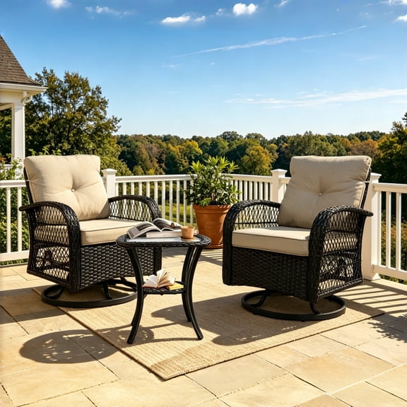SHGJ&SOFT 3 Piece Patio Furniture Set, 2 Outdoor Swivel Rocking Chairs with Side Table, Thick Cushions Wicker Glider Chairs, All-Weather Brown Rattan Bistro Set for Porch, Deck, Pool (Brown)