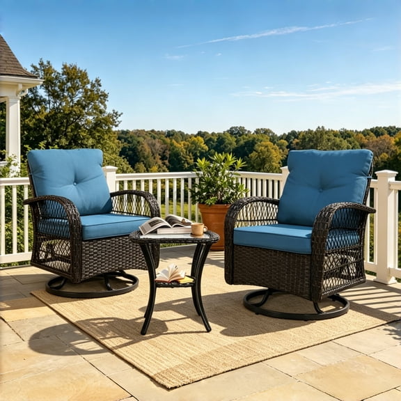 SHGJ&SOFT 3 Piece Patio Furniture Set, 2 Outdoor Swivel Rocking Chairs with Side Table, Thick Cushions Wicker Glider Chairs, All-Weather Brown Rattan Bistro Set for Porch, Deck, Pool (Blue)